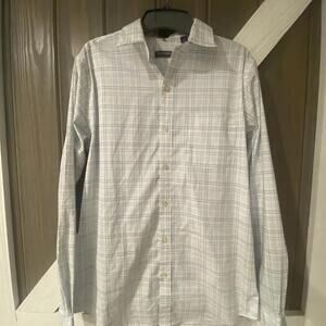 Van Heusen White and Navy Plaid Full-Button Long Sleeve Shirt - Small